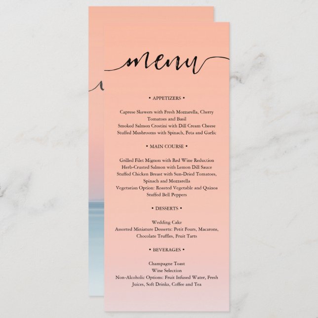 Menú Boda junto al mar bajo la puesta de sol del cielo  (Anverso / Reverso)