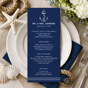 Menú Boda junto al mar con ancla blanca náutica de la m