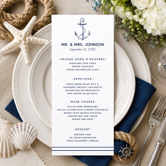 Menú Boda junto al mar con ancla de marina náutica (A nautical themed menu perfect for beach weddings and weddings by the sea! )