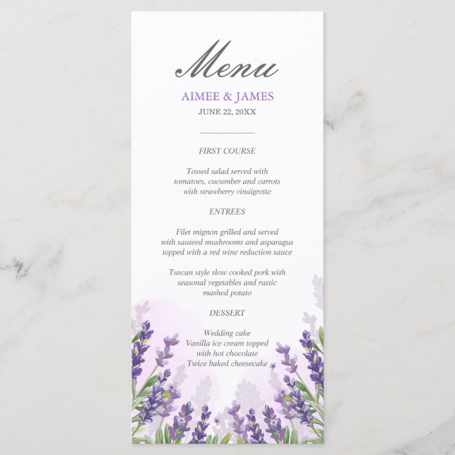 Menú Boda Lavender Elegante Floral Púrpura Sueño (Anverso)