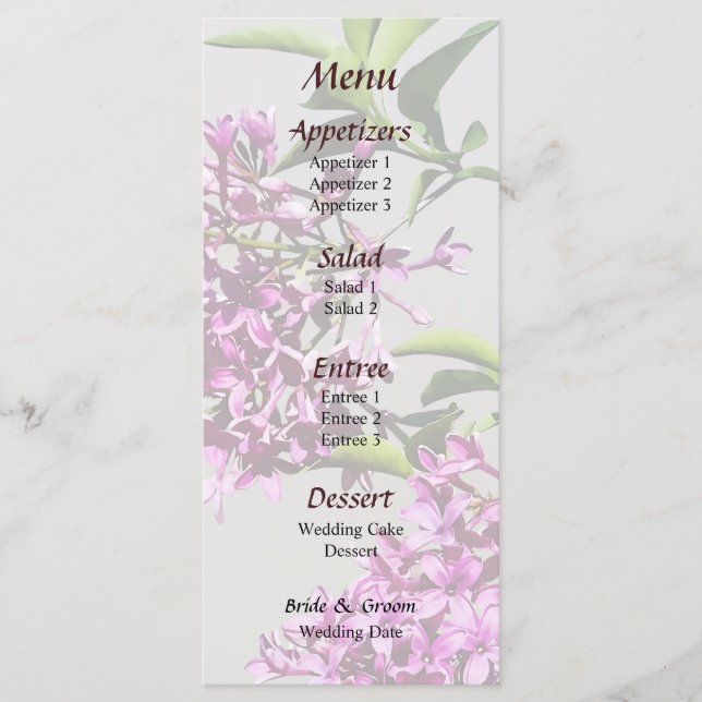 Menú Boda Lilacs rosa y hojas (Anverso)