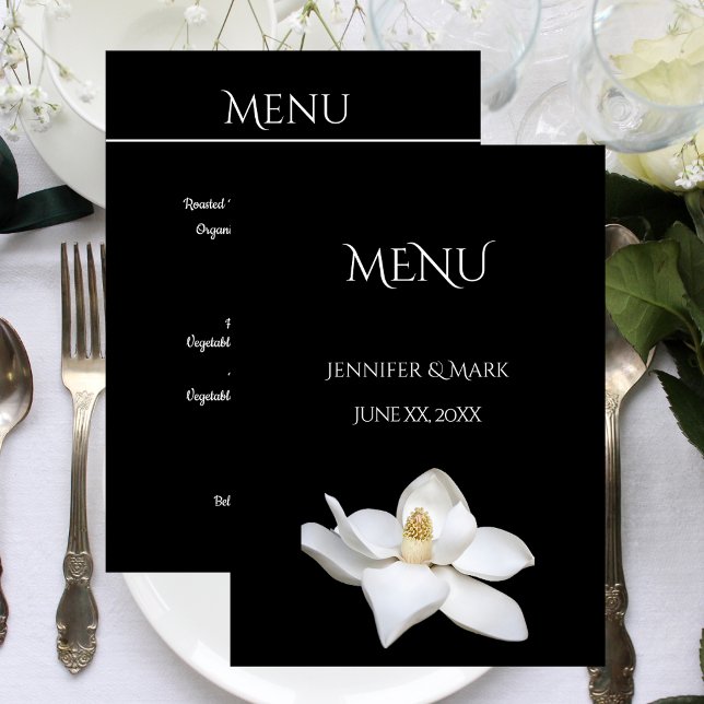 Menú boda Magnolia blanca Negro y Blanco (Wedding Menu White Magnolia Black and White)