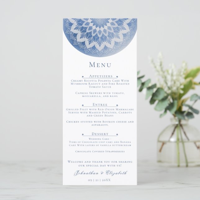 Menú Boda Mandala de Encaje Azul (Anverso de pie)