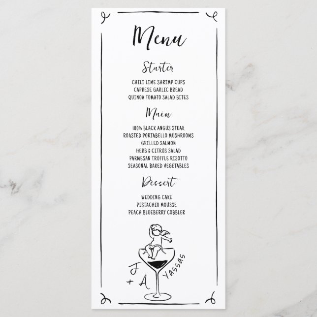 Menú Boda manuscrito con cherub dibujado a mano (Anverso)