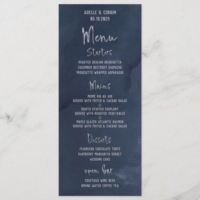Menú Boda manuscrito de caligrafía color plata azul de  (Anverso)