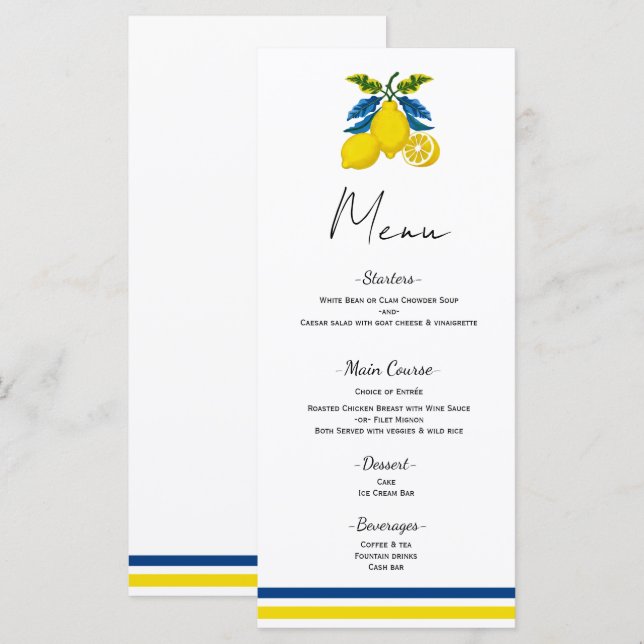 Menú Boda mediterráneo de limón amarillo azul (Anverso / Reverso)