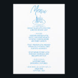 Menú Boda mediterráneo dibujado a mano azul de Italia<br><div class="desc">Una vintage carta de bodas retro funky, moderna, azul y blanco. Que presenta diseño de plantillas de moda de fondo blanco y tipografía escrita a mano azul. Con un juego de botellas de vino y vasos dibujados a mano y un plato y un tenedor. Una perfecta y a juego con...</div>