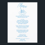 Menú Boda mediterráneo dibujado a mano azul de Italia<br><div class="desc">Una vintage carta de bodas retro funky, moderna, azul y blanco. Que presenta diseño de plantillas de moda de fondo blanco y tipografía escrita a mano azul. Con un juego de botellas de vino y vasos dibujados a mano y un plato y un tenedor. Una perfecta y a juego con...</div>