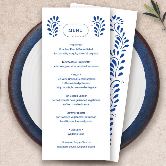 Menú Boda mexicano azul estilo Puebla (Puebla Style Blue Mexican Wedding Menu by Fiesta Valley Print)