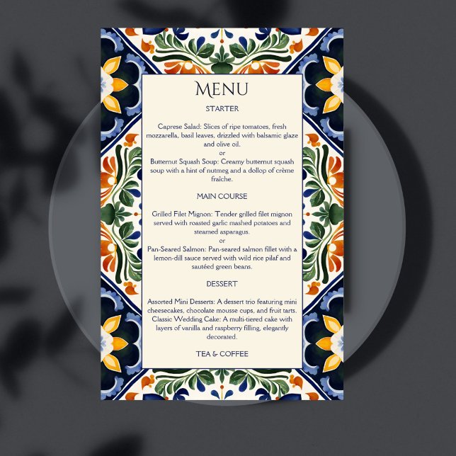Menú boda mexicano Azulejo azul Talavera vintage (Azulejo blue Spanish Talavera tiles vintage Mexican wedding menu cards personalized table decor)