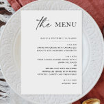 Menú Boda Minimalista blanco y negro | Elegante formal<br><div class="desc">En la recepción, con esta elegante carta de boda en blanco y negro, le daremos un toque atemporal, con un diseño minimalista con escritura de moda y tipografía de los séricos. Perfecto para bodas modernos, formales o de corbata negra, este diseño limpio presenta sus cursos en un formato elegante y...</div>
