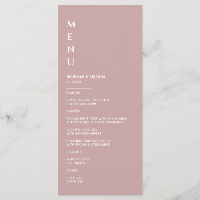 Menú Boda Minimalista con Rosa Polvoriento (Anverso)