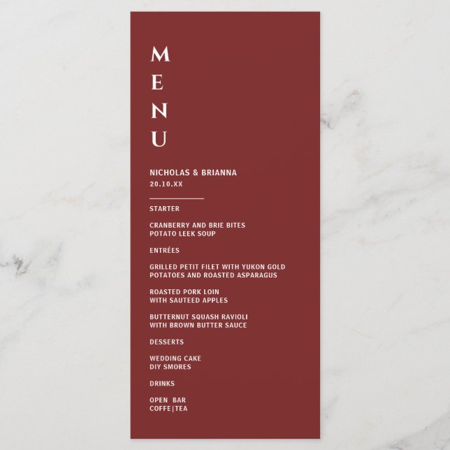 Menú Boda Minimalista de Borgoña (Anverso)