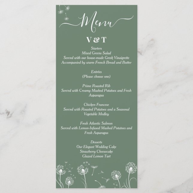 Menú Boda minimalista de flores silvestres verdes (Anverso)