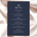 Menú Boda Minimalista elegante azul marino<br><div class="desc">Mejore su recepción de bodas con nuestra sofisticada tarjeta de menú Boda azul marino. Elaborado con una letra serif intemporal, este elegante menú muestra cada plato delicioso, ofreciendo un estilo refinado y refinado para los ambientes de la mesa. El color azul marino aporta un toque de lujo y combina con...</div>