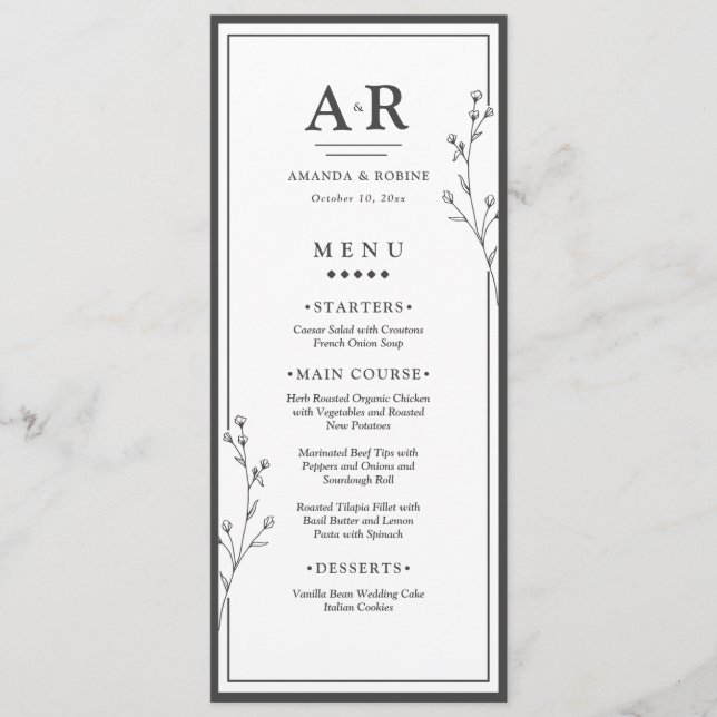 Menú Boda Minimalista en Blanco y Negro (Anverso)