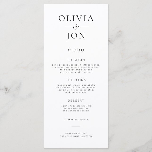 Menú Boda minimalista en blanco y negro (Anverso)