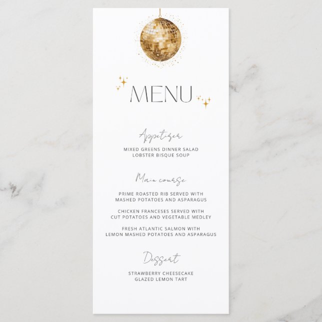 Menú Boda minimalista Gold Disco Ball (Anverso)