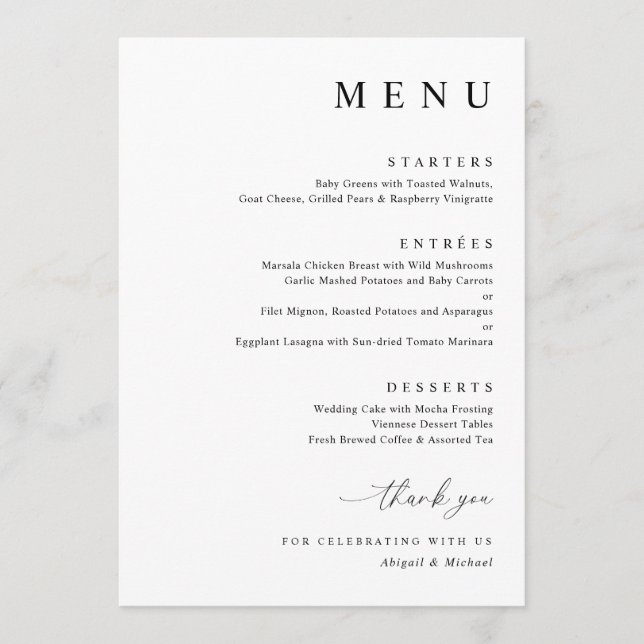 Menú Boda Minimalista Moderna en Blanco y Negro (Anverso)