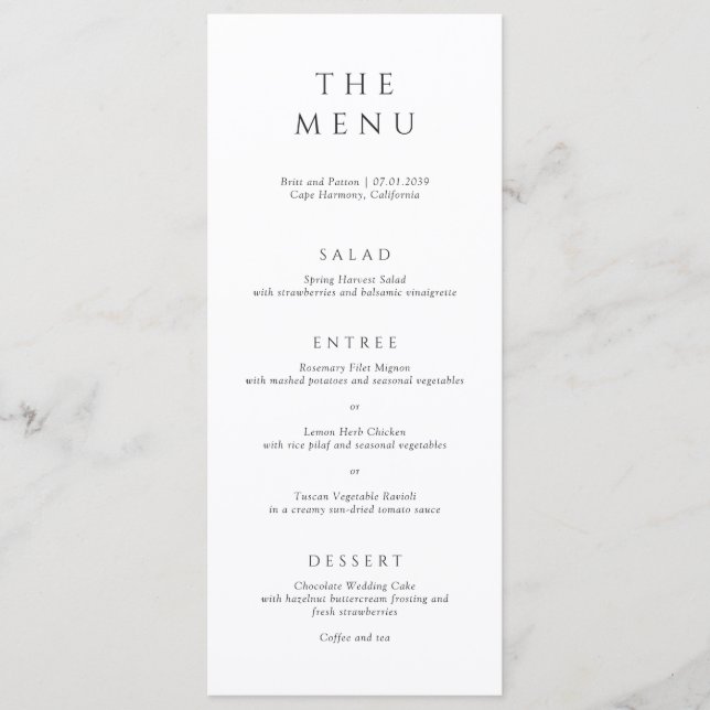 Menú Boda minimalista moderna en blanco y negro (Anverso)