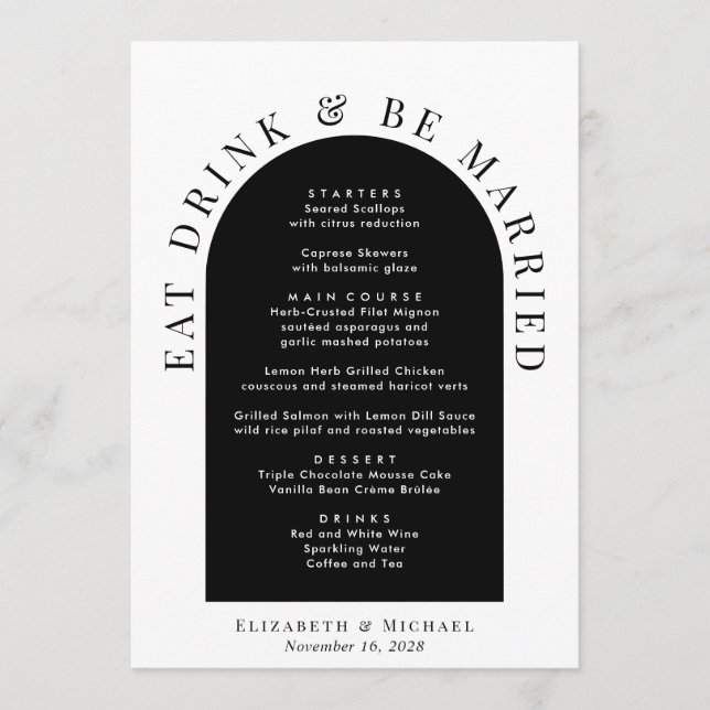 Menú Boda Minimalista Moderna en Negro y Blanco (Anverso)