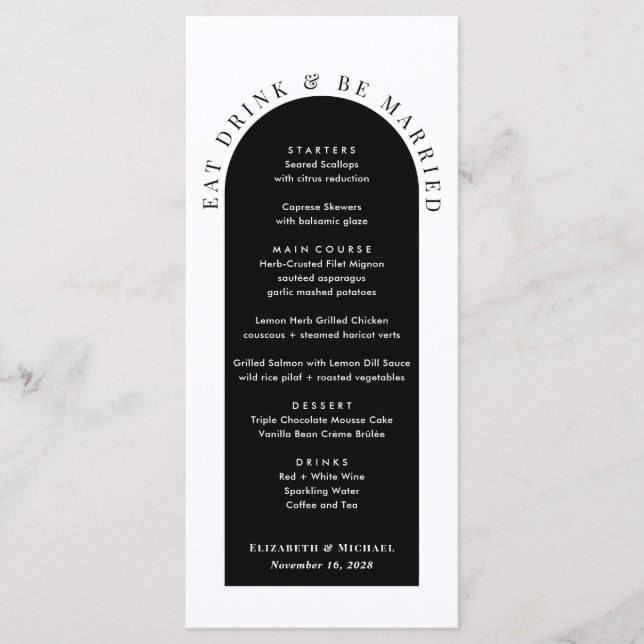 Menú Boda Minimalista Moderna Negro Blanco (Anverso)