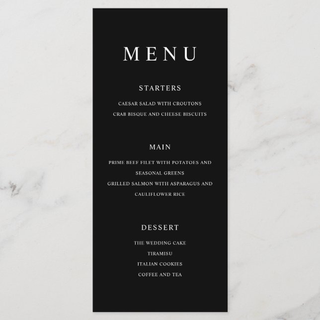 Menú Boda Minimalista moderno negro y blanco (Anverso)