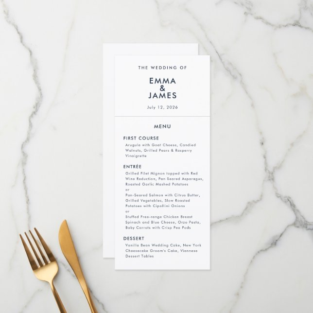 Menú Boda minimalista Navy Ampersand | Elegante (Anverso/Reverso In Situ)