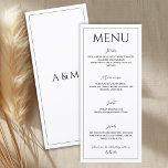 Menú Boda minimalista negra blanca moderna<br><div class="desc">Menú de boda moderno y simple en blanco y negro. Diseño limpio y fácil de leer que coincide con un tema de boda moderno minimalista. Incluye descripción del curso - información de entrada,  plato principal,  postre y bebidas que es fácil de editar y personalizar.</div>