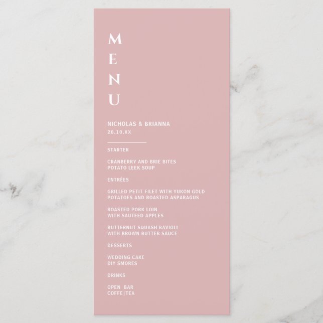 Menú Boda Minimalista Rosa Polvo (Anverso)