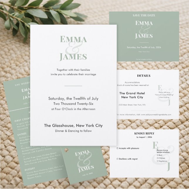 Menú Boda minimalista Sage inversa | Código QR Elegante (Reverse sage horizontal menu featuring clean minimalist typography for soft elegance.)