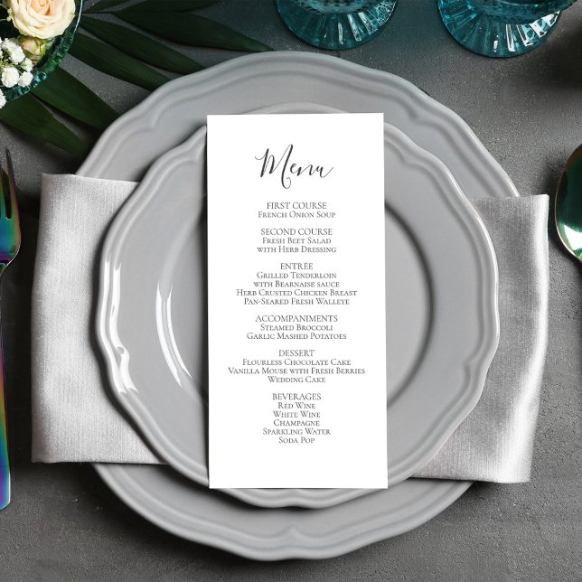 Menú Boda Minimalista simple (Wedding menu card with a simple black and white calligraphy script.)