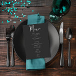 Menú Boda mínimo de la llanura de Moody oscuro<br><div class="desc">El diseño de este menú boda presenta un tema oscuro y monótono, sencillo pero sorprendente. Un fondo negro oscuro de carbón vegetal es el lienzo perfecto para el texto de la comida boda. En la parte trasera se muestran los nombres de la pareja y la fecha del boda. Único y...</div>
