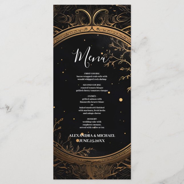 Menú Boda Mística Celestial Negra y Dorada (Anverso)