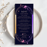 Menú Boda místico de las estrellas de la luna del sol a<br><div class="desc">Mistical Rainbow Dark Navy Blue Sun Moon Stars Astronomía Celestial Galaxy Cosmic Wedding Cards con un sol, luna y estrellas de color arcoiris enmarcado en un fondo azul marino oscuro con los detalles del menú en el centro en un guión moderno de caligrafía. Personalice editando el texto en los cuadros...</div>