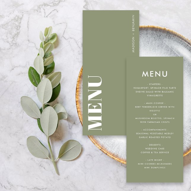 Menú Boda moderna audaz de verde salvia minimalista (Front / Back)