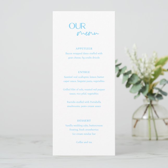 Menú Boda Moderna Azul Chic (Anverso de pie)
