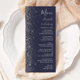 Menú Boda moderna con borde de brillo plateado azul osc