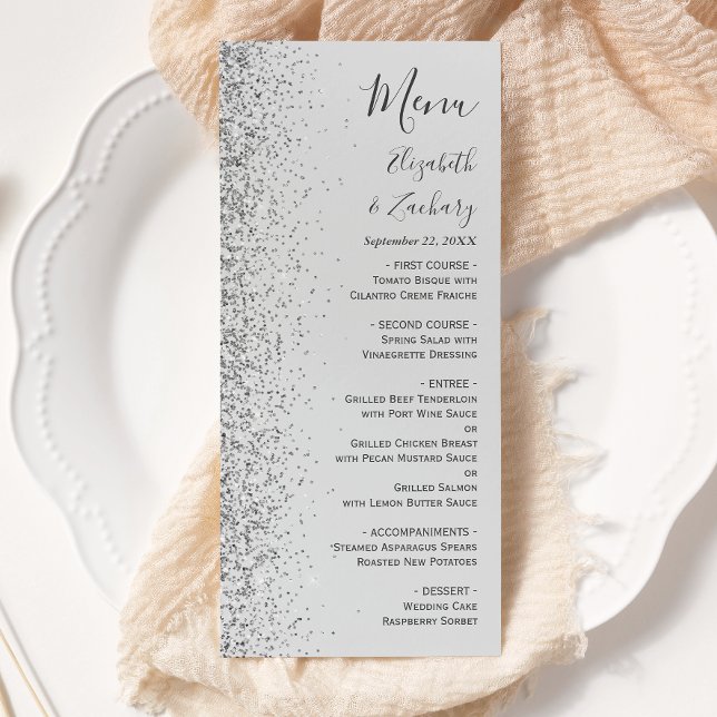 Menú Boda moderna con borde de brillo plateado gris cla (Subido por el creador)