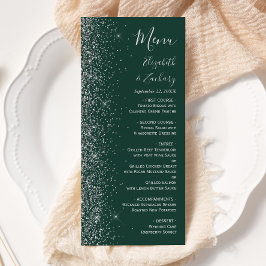Menú Boda moderna con borde de brillo plateado y verde 