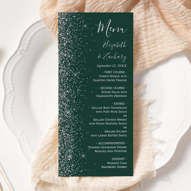 Menú Boda moderna con borde de brillo plateado y verde  (Subido por el creador)