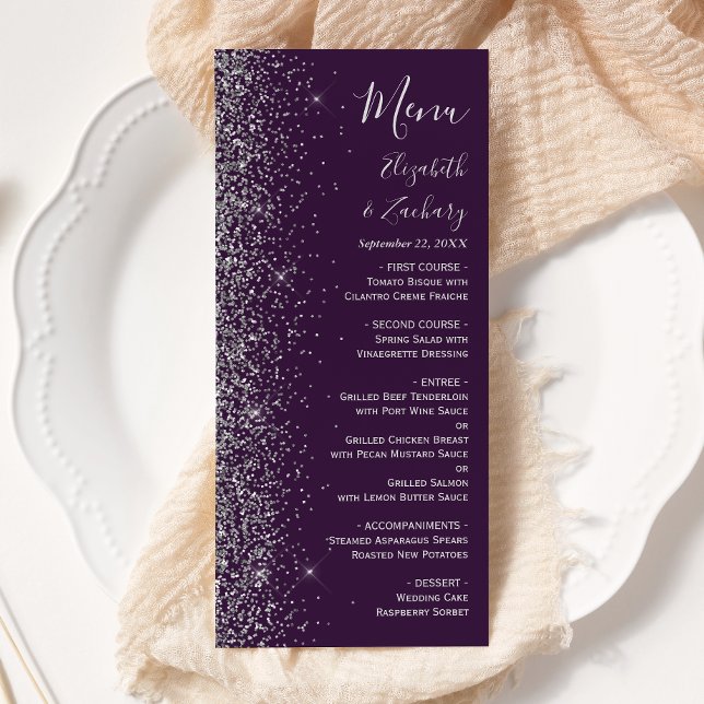 Menú Boda Moderna con Borde de Purpurina Plateada y Mor (Subido por el creador)