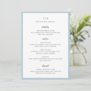 Menú Boda moderna con elegante monograma en azul polvo