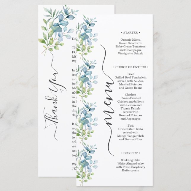 Menú Boda moderna con eucalipto de acuarela verde (Anverso / Reverso)