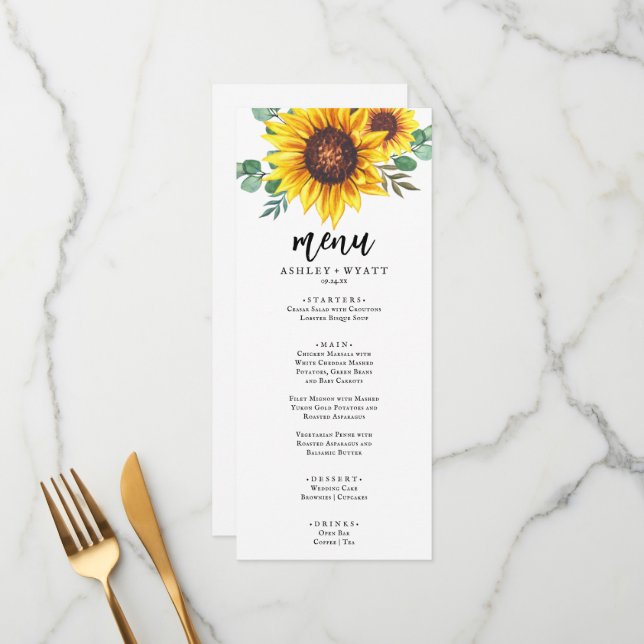 Menú Boda Moderna con Girasoles Amarillos (Anverso/Reverso In Situ)