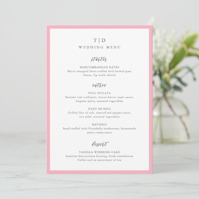 Menú Boda moderna con monograma rosa elegante (Anverso de pie)