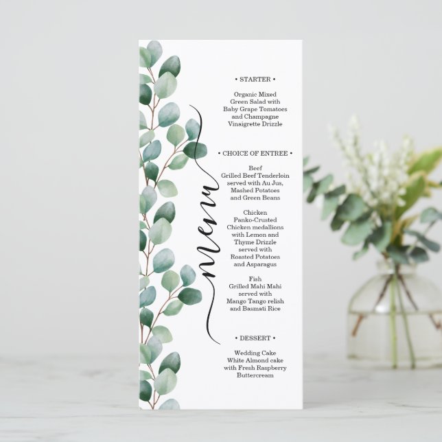 Menú Boda moderna con vegetación de eucalipto (Anverso de pie)