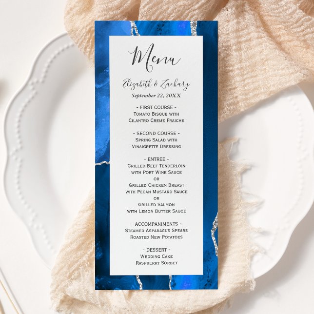 Menú Boda Moderna de Ágata Azul Real y Plata (Subido por el creador)