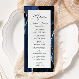 Menú Boda Moderna de Ágata Plateada Azul Navy