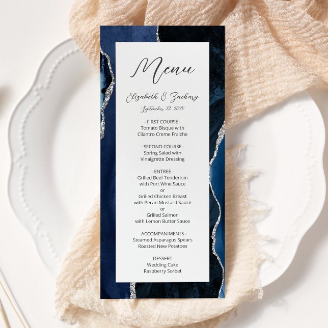 Menú Boda Moderna de Ágata Plateada Azul Navy (Subido por el creador)